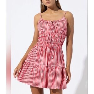 Lusana Rosa Poplin Mini Dress Red White Striped Smocked Womens Size 4